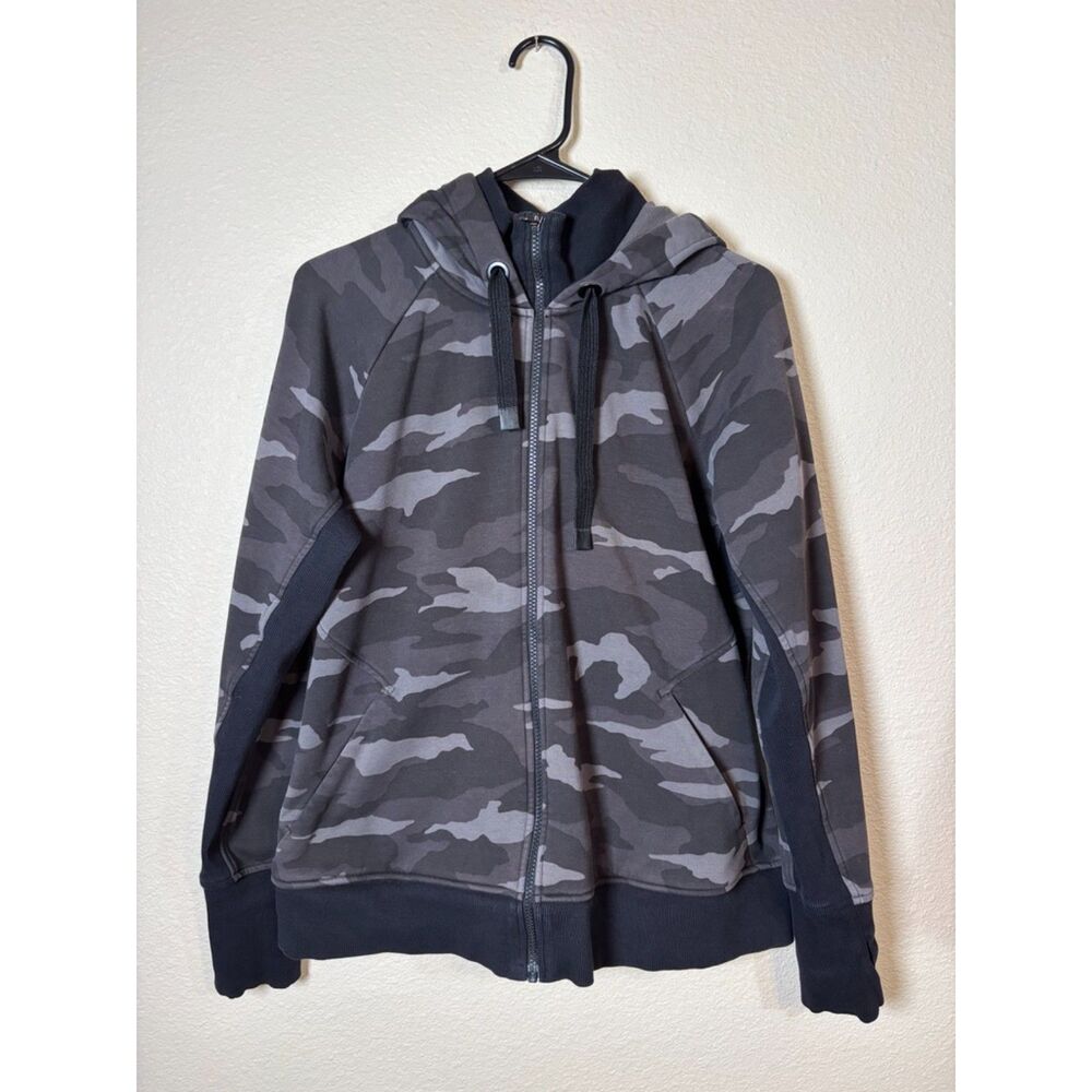 Athleta Triumph Printed Hoodie Black Gray Camo Womens L Zip Sweatshirt Jacket